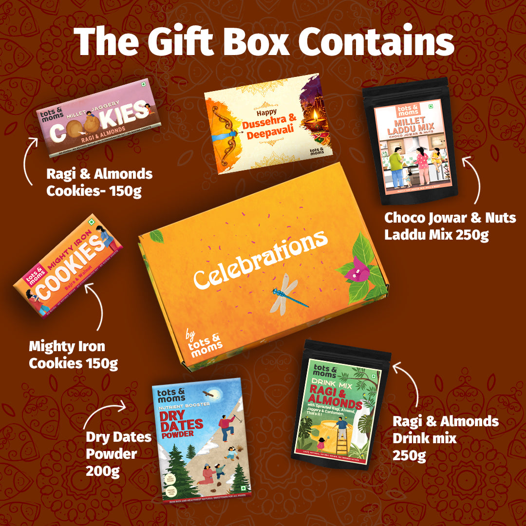 Festive Gift Box Hamper for Moms (Big) - Pack of 5 | Ragi Almond Cookies, Iron Cookies, Millet Laddu Mix, Drink Mix & Dates Powder