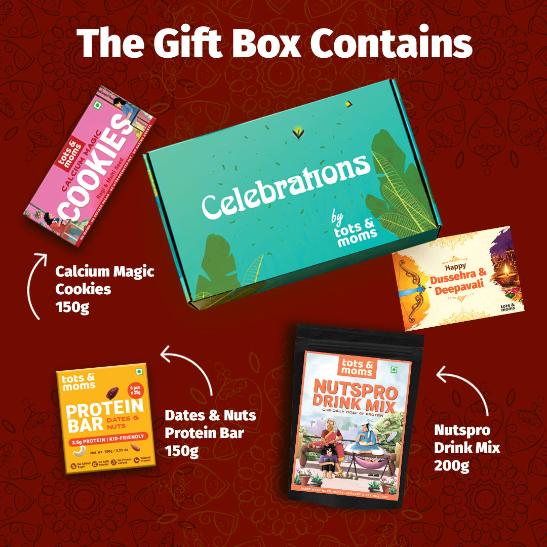Festive Gift Box Hamper for Moms (Small) - Pack of 3 | Calcium Cookies, Nutspro Health Drink & Nuts & Dates Protein Bar
