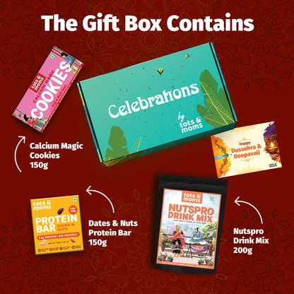 Festive Gift Box Hamper for Moms (Small) - Pack of 3 | Calcium Cookies, Nutspro Health Drink & Nuts & Dates Protein Bar