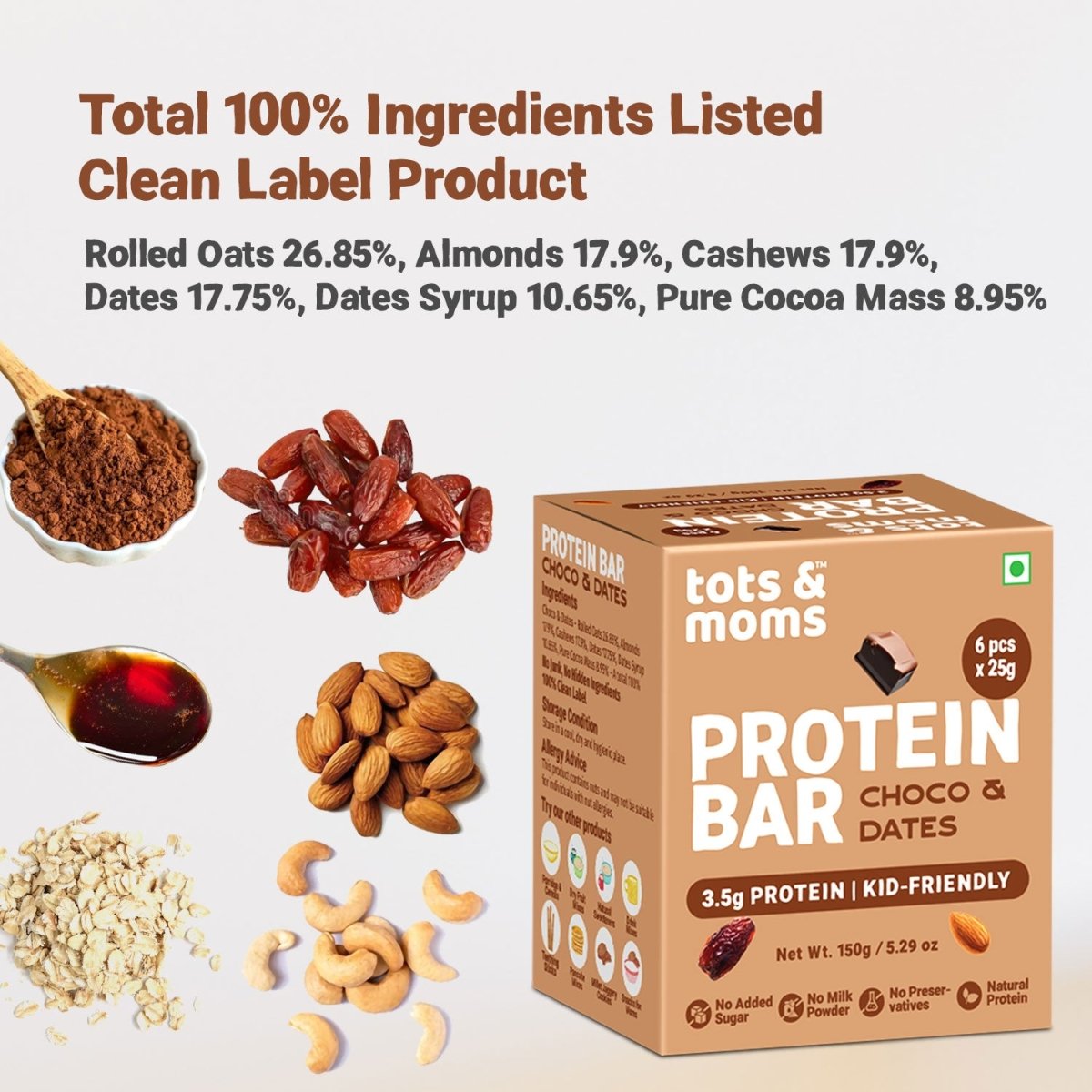 Choco & Dates Protein Bar | Healthy Snack | Kids Friendly | 150g - Tots and Moms - BeNative Ventures Pvt. Ltd