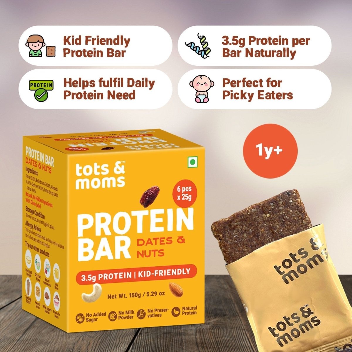 Dates & Nuts Protein Bar | Healthy Snack | Kids Friendly | 150g - Tots and Moms - BeNative Ventures Pvt. Ltd