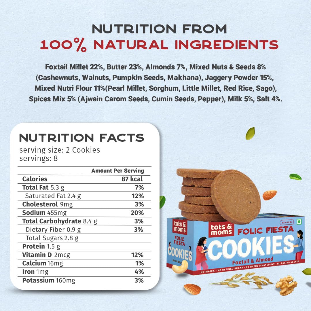 Folic Fiesta Cookies - Foxtail Millet & Almond Cookies for Moms - 150g - Tots and Moms - BeNative Ventures Pvt. Ltd