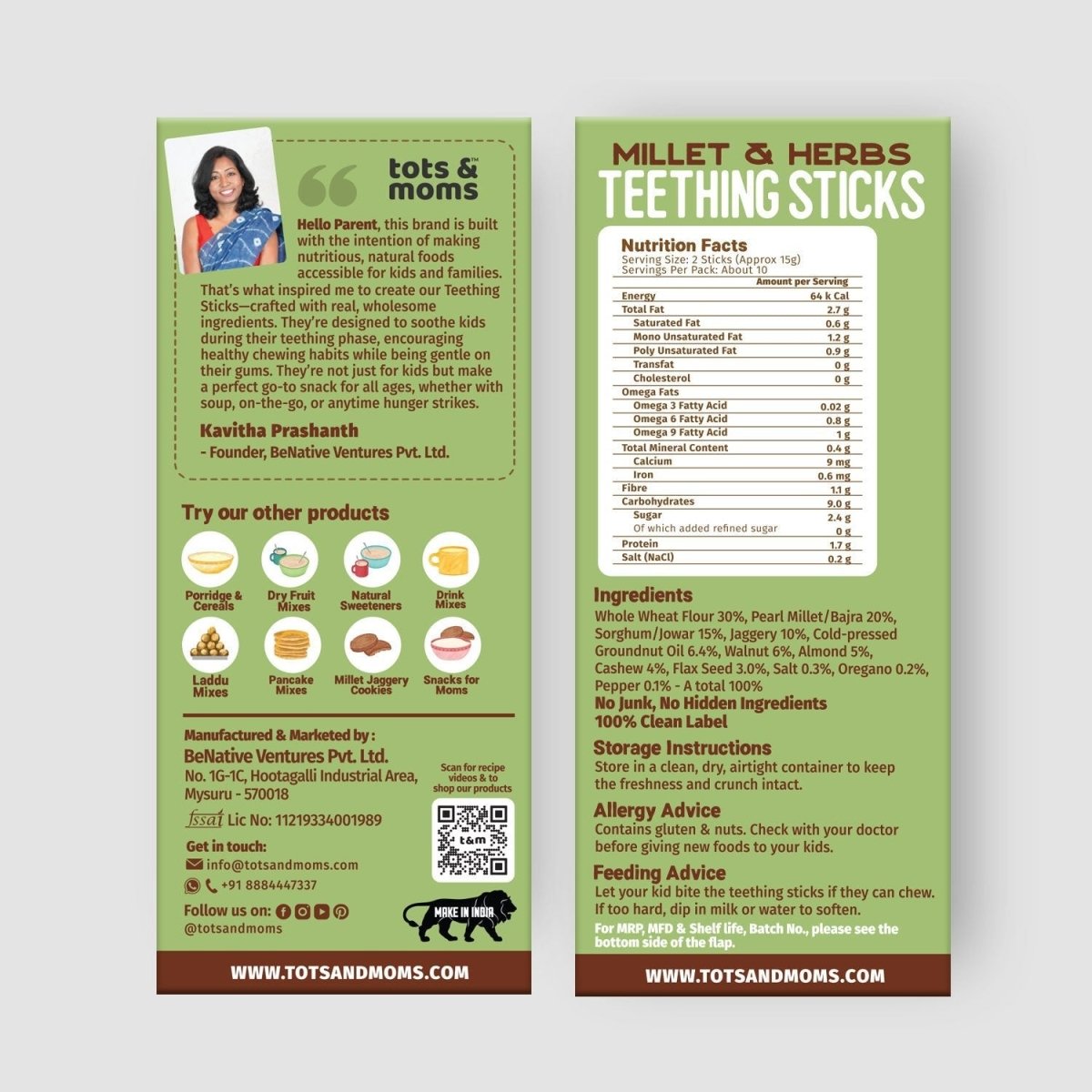 Millets & Herbs | Teething Sticks | Healthy Snack for Babies & All Ages | Pack of 2 | 150g Each - Tots and Moms - BeNative Ventures Pvt. Ltd