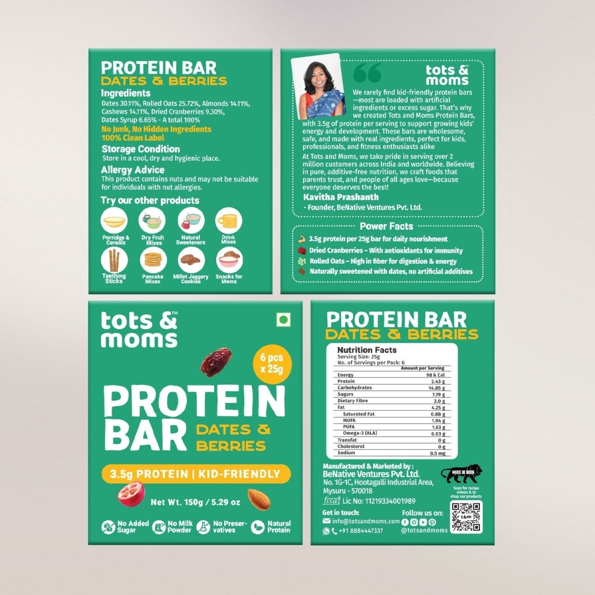 Protein Bar | Dates & Nuts Bar | Choco & Dates Bar | Dates & Berries Bar | 150g each - Tots and Moms - BeNative Ventures Pvt. Ltd