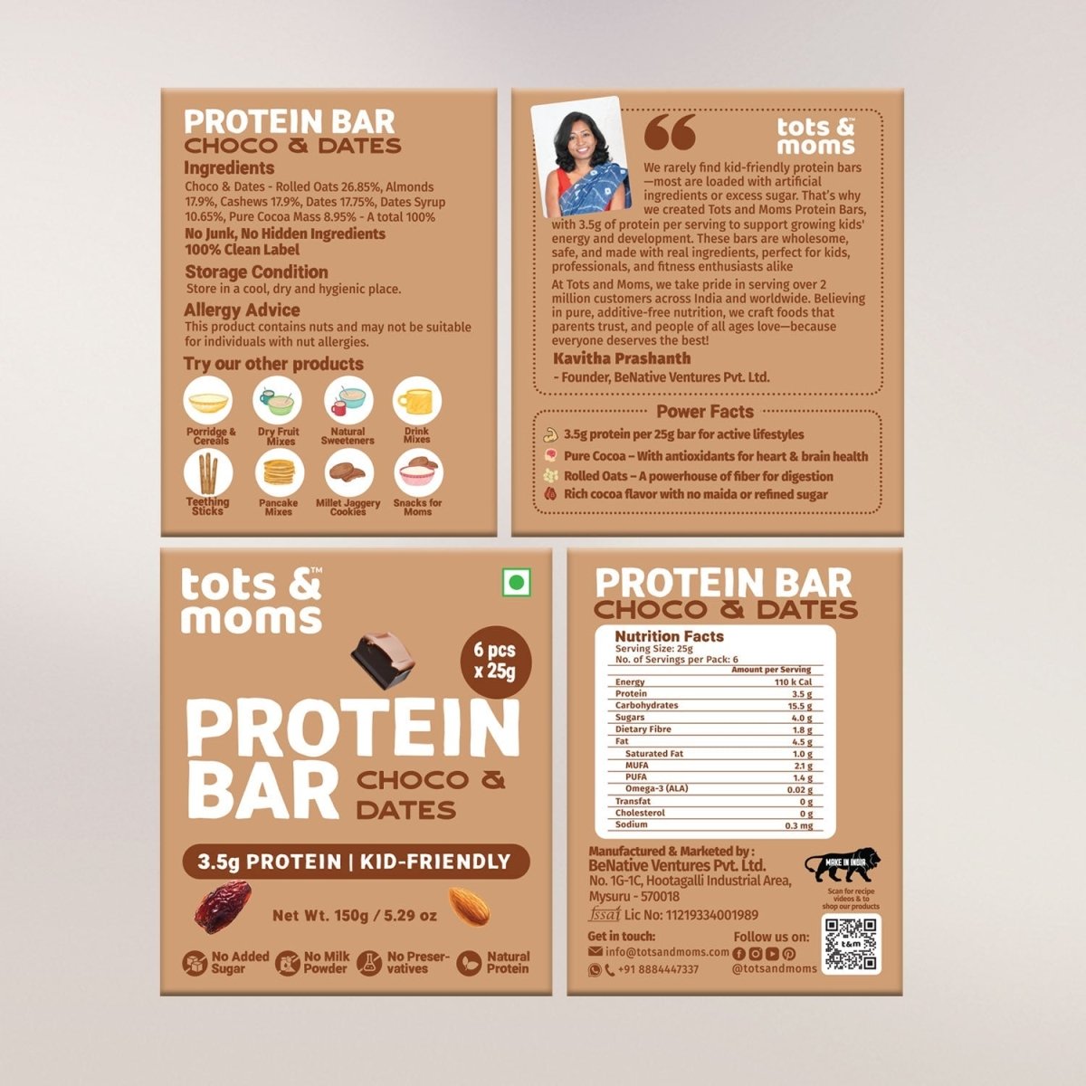 Protein Bar | Dates & Nuts Bar | Choco & Dates Bar | Dates & Berries Bar | 150g each - Tots and Moms - BeNative Ventures Pvt. Ltd