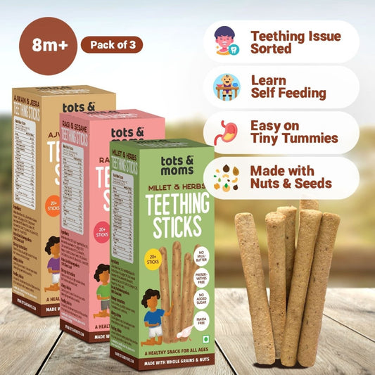 Teething Sticks | Ajwain & Jeera | Ragi & Sesame | Millet & Herbs | Healthy Snacks for Babies & All Ages | Pack of 3 | 150g Each - Tots and Moms - BeNative Ventures Pvt. Ltd